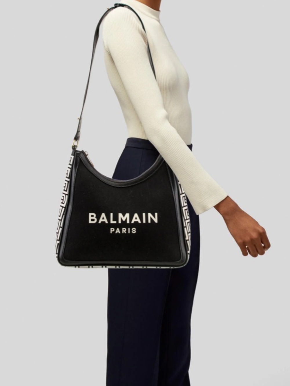 Balmain Black Canvas Logo Hobo Shoulder Bag with Monogram Trim